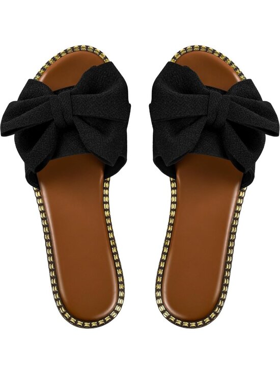 Shoes - Women's Black Bow Knot Slides Open Toe Flat Sandals Slip On Beach Shoes